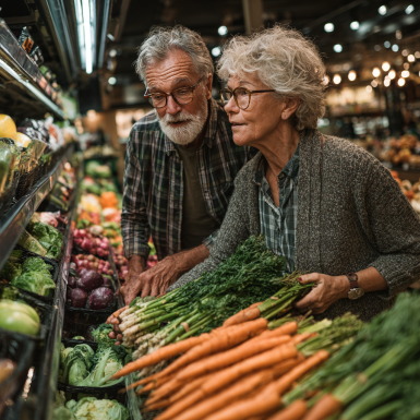 Літня пара готує здорову їжу на кухні